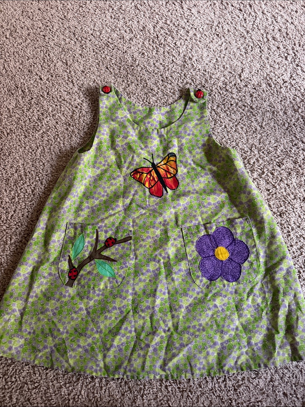 Handmade Girls' Green Floral Butterfly & Flower Pinafore Dress